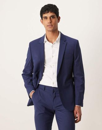 Asos Giacca da abito slim lavabile in misto lana pettinata leggera blu