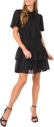 CeCe by Cynthia Steffe Sparkly Puff Sleeve Tie Neck Tiered Dress in Rich Black at Nordstrom, Size X-Small