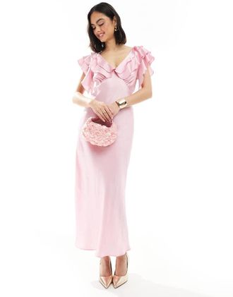 New Look Vestito midi in raso rosa con volant sulle maniche