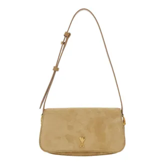 Ami Paris Beige Shoulder Bag with Adjustable and Removable Strap ADC Plaque on Front in Suede Woman Calf