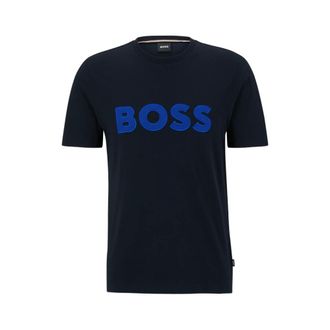 HUGO BOSS Camiseta de punto de algod&oacute;n con logotipo estampado - Tops - Hombre - Azul - 2XL
