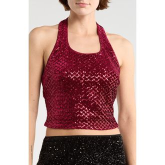 Le Lis Blanc Deux Sequined Velvet Halter Top in Burgundy at Nordstrom Rack, Size X-Small