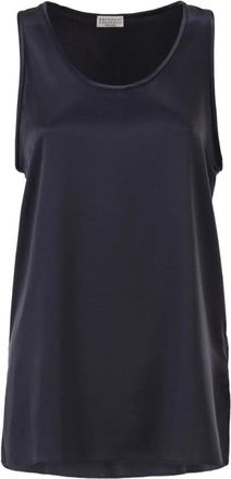 Brunello Cucinelli Stretch Zijde Satijn Ronde Hals Top - Dames - Tops zonder mouwen - Blauw - L - Satijn - Tops