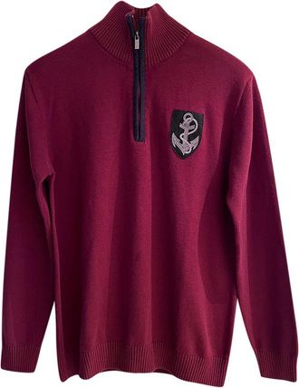 Balmain Crest Detail Red Quarter Zip Jumper Size L