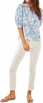 Lilly Pulitzer Mialeigh Elbow Sleeve Linen Print Top In Resort White Tall Tales