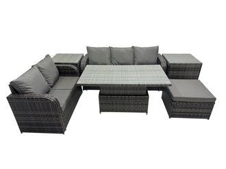 Fimous Rattan Garden Furniture Dining Set 6-seater with 2 Side Tables in Dark Grey