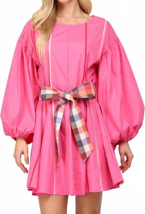 Fate Contrast Piping Detail Boatneck Fit & Flare Dress / Belt In Hot Pink