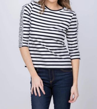 Elliott Lauren Aligned Stripe Elbow Sleeve Top In Black White