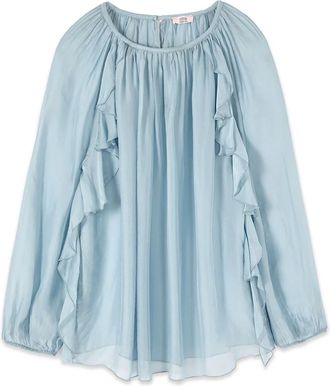 Oltre Zijden Blend Voile Blouse met Ruche - Dames - Blouses - Blauw - S - Overhemden