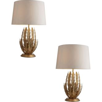 Loops 2 PACK Ornate Gold Table Lamp & Ivory Cotton Fabric Shade Decorative Leaf Design