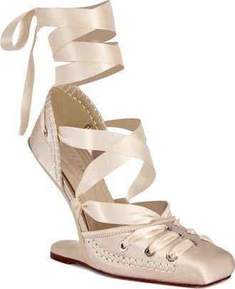 Azalea Wang Pirouette Lace Up Wedge Sandal in Ivory at Nordstrom, Size 8.5