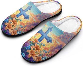 Generic Crosss Flower Womens Slippers Warm House Slippers Indoor House Shoes with Anti-Skid Rubber Sole