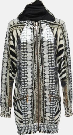 Roberto Cavalli Black/white Printed Velvet Zip Front Hooded Jacket