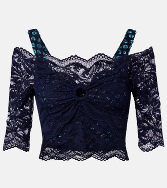 Paco Rabanne Top cropped Trompe loeil in pizzo e velluto