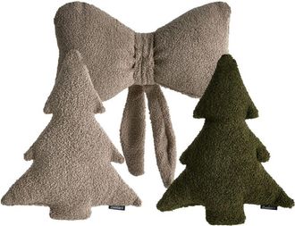 Beliani Set of 3 Scatter Cushions Taupe and Dark Green Boucle Christmas Tree Motif Decoration Accessory WINTERLAND