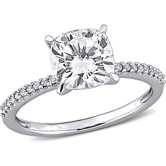 Delmar 14K White Gold Cushion Cut Lab Created Moissanite & Diamond Ring - 0.11ct. in Silver at Nordstrom Rack, Size 6