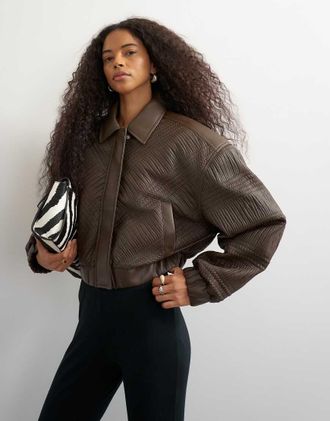 Topshop bomber in pelle sintetica testurizzata color cioccolato-Marrone