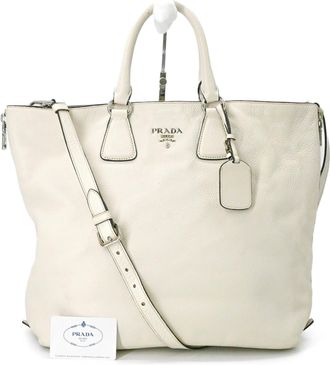 Prada White Leather Shoulder Bag Tote Bag (Pre-Owned)
