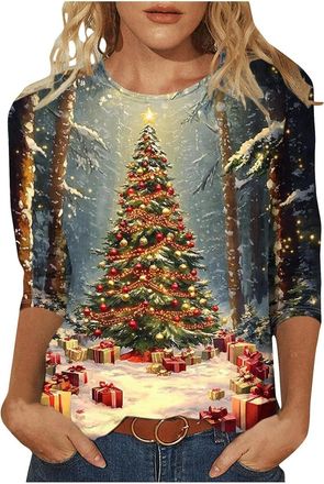 Generic Christmas Tops Ladies - Women Christmas Tree Print Xmas T-Shirts Plus Size Novelty Funny 3/4 Sleeve Elf Santa Print Reindeer Graphic Blouse Ugly Tee S