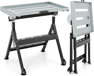 Costway Costway - Tavolo da Lavoro Pieghevole, Banco da Lavoro Portatile con Piattaforma Inclinabile e Altezza Regolabile a 4 Livelli, 2 Ruote, con 3 Slot e