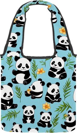 Generic Cute Panda on Blue Reversible Canvas Shoulder Tote - Double-Sided Print, 12oz Cotton, 27cm Drop, Fold-Flat Bag for Travel, Shopping, Street Outings
