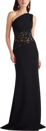 Tadashi Shoji Embroidered Detail One-Shoulder Gown in Black/Nude at Nordstrom, Size 12