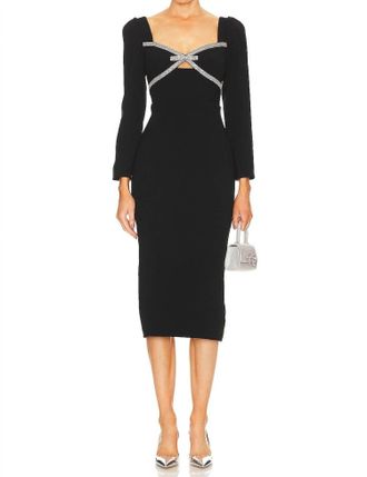 Self Portrait Diamante Bow Midi Dress In Black Crepe