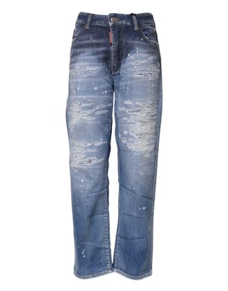 Dsquared2 Dsquared&sup2; Tattered Cotton Mid Waist Straight Womens Jeans