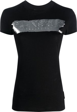 Plein Sport metallic logo-print T-shirt - women - Cotton/Polyester/Polyurethane/Spandex/Elastane - L - Black