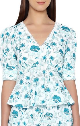 Verandah Deep Neck Peplum Blouse In Teal White Elephants Lions