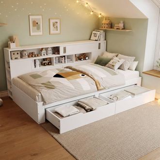 Merax White 4ft6 Double Storage Bed with Drawers & Sliding Door Cabinets