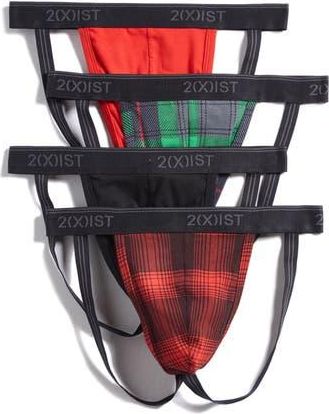2(x)ist Assorted 4-Pack Stretch Cotton Jock Strap in Tartan Plaid Black Redplaid at Nordstrom Rack, Size Medium