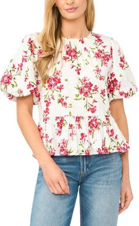 CeCe by Cynthia Steffe Puff Sleeve Floral Print Shirt in Egret at Nordstrom, Size Xx-Large