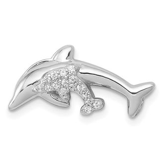 Diamond2Deal 14k White Gold Diamond Mother and Baby Dolphins Chain Slide