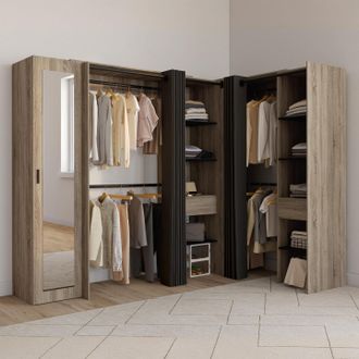 IDMarket Marlon 230 X 140 X 180 Cm Armario Rinconero De Haya Con Armarios + Estantes + Espejo + Cortinas Negras
