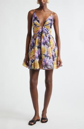 Zimmermann Luna Floral Plunge Neck Linen & Silk Minidress in Navy Dahlia at Nordstrom, Size 0P