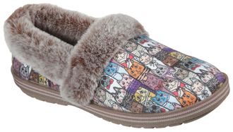 Skechers Pantoffel SKECHERS TOO COZY CHIC CAT, Damen, Gr. 35, bunt (multi), Synthetik, Velourslederimitat, Schuhe Pantoffel, Hausschuh mit witzigem Katzenprint