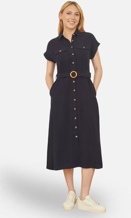 Yumi Viscose Linen Look Midi Shirt Dress in Navy at Nordstrom, Size 14