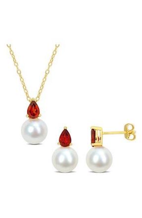 Delmar Garnet & Freshwater Pearl Stud Earrings & Pendant Necklace Set in Red at Nordstrom Rack