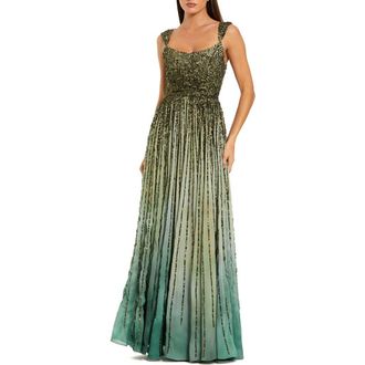 Mac Duggal Womens Ombre Beaded Scoop Neck A-Line Gown in Patina Green at Nordstrom, Size 4
