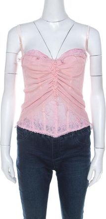 Ermanno Scervino Pink Pleated Silk Frayed Detail Ruffled Corset Top