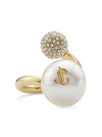 Jimmy Choo London Auri logo-plaque cuff ring - women - Crystal/Brass/Pearl - S - Gold