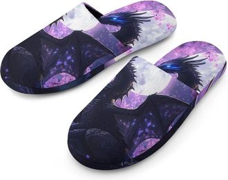 Generic Purple Flowers Moon Dragon Mens Slippers Flannel Warm House Shoes with Rubber Anti-Slip Sole Slip On for Home Outdoor