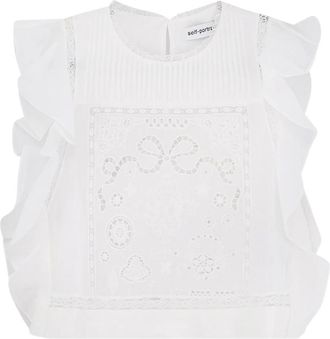 Self Portrait Ramie Lace Frill Top - Dames - Blouses - Wit - XS - Denim - Overhemden