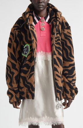 Chopova Lowena Tiger Stripe Oversize High Pile Fleece Full Zip Hoodie in Brown And Black at Nordstrom, Size X-Large