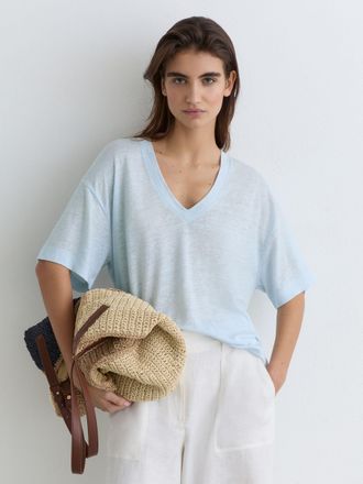 Reiss Blue Linen V-neck T-shirt, XS