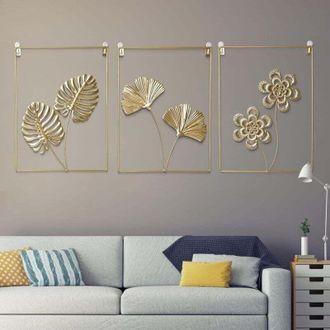 OEM Juego De 3 Adornos De Pared Dorados De 30x40cm - Hierro De Alta Calidad - Dise&ntilde;o Abstracto Moderno De Ginkgo Biloba - Elegante Escultura De Pared -cre