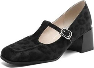 Generic Womens Mary Janes Square Toe Adjustable Buckle Strap Leopard Print Textured Upper Low Heel Cushioned Insole Durable Stylish Shoes,Black,4.5 UK