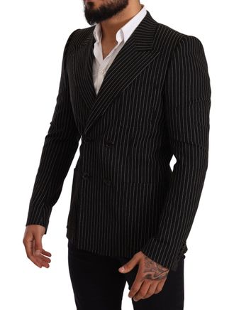 Dolce & Gabbana Mens Black White Striped Slim Fit Coat Blazer Wool Clothing