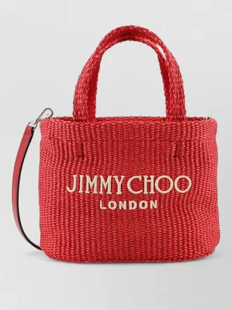 Jimmy Choo London raffia crossbody tote bag embroidered logo front